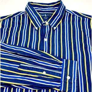 Ralph Lauren Shirt Stripe Blue Gold Custom Fit Cotton Oxford XL Men Preppy Y2K